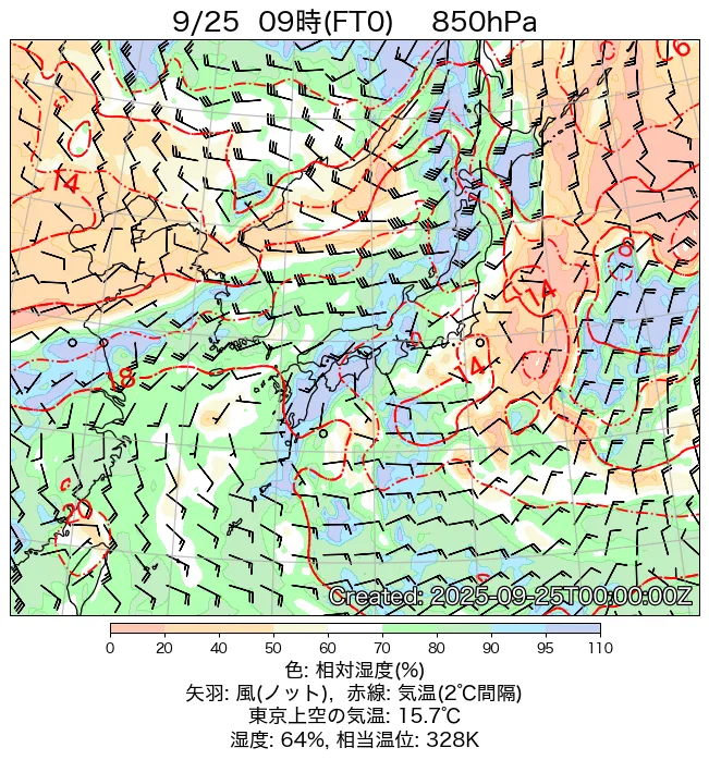 2025年9月25日の日本周辺の850hPa天気図（9時）