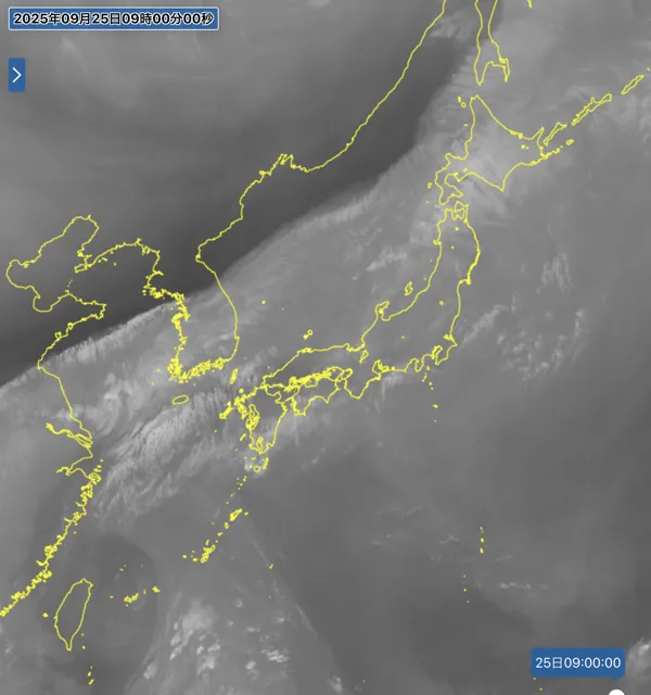 2025年9月25日9時の日本周辺の衛星水蒸気画像