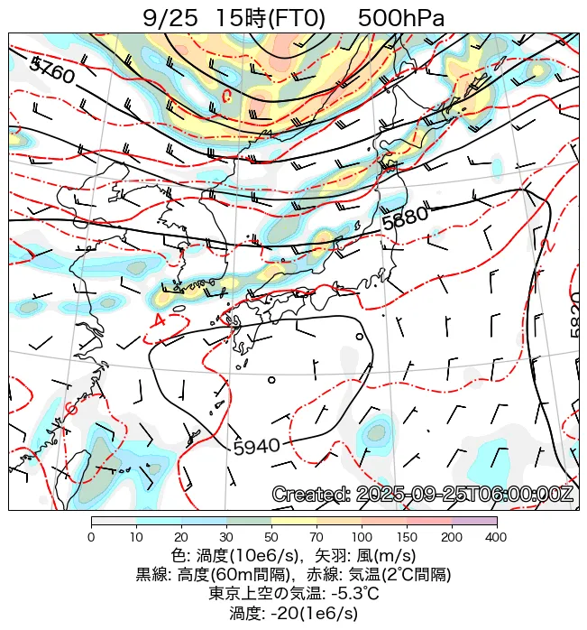 2025年9月25日の日本周辺の500hPa天気図（15時）