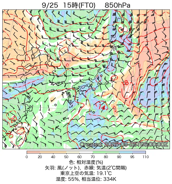 2025年9月25日の日本周辺の850hPa天気図（15時）