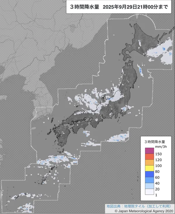 2025年9月29日の日本周辺の18〜21時の3時間解析降水量