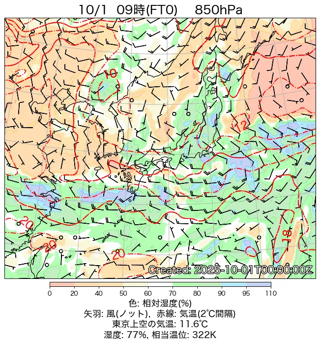 2025年10月1日の日本周辺の850hPa天気図（9時）