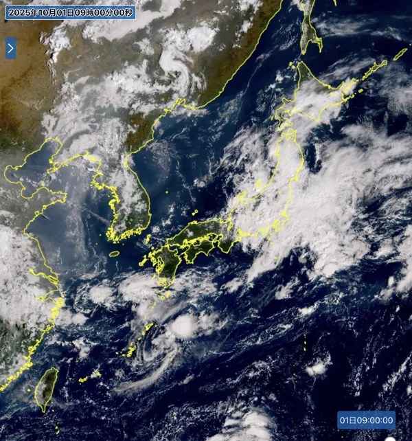 2025年10月1日の日本周辺の衛星画像（9時）