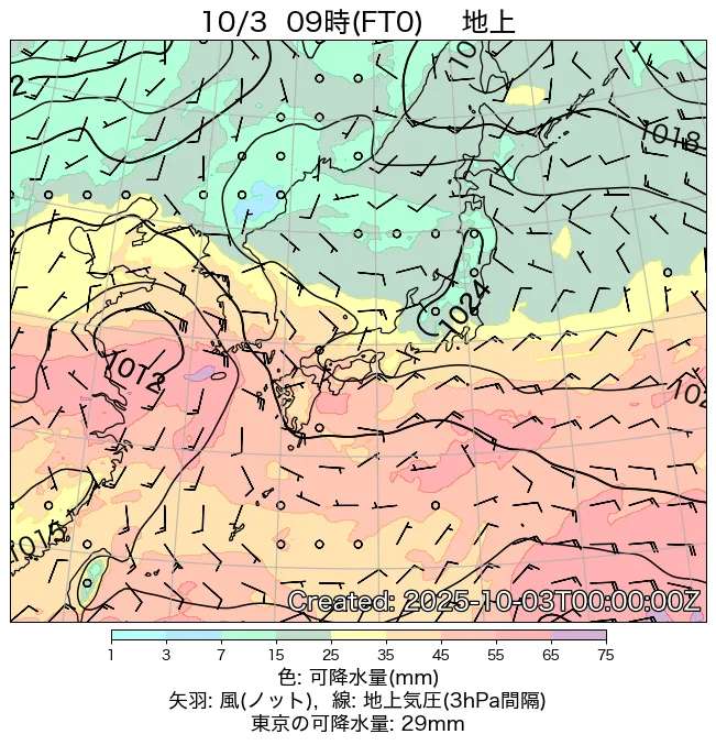 2025年10月3日の日本周辺の地上天気図（9時）