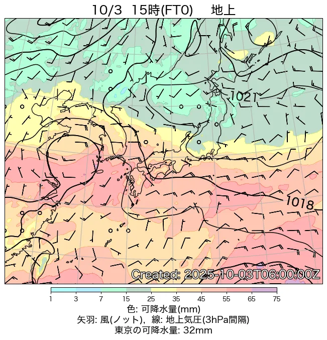 2025年10月3日の日本周辺の地上天気図（15時）