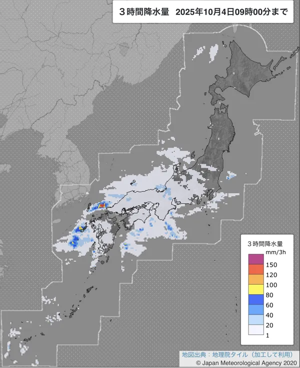 2025年10月4日の日本周辺の6〜9時の3時間解析降水量