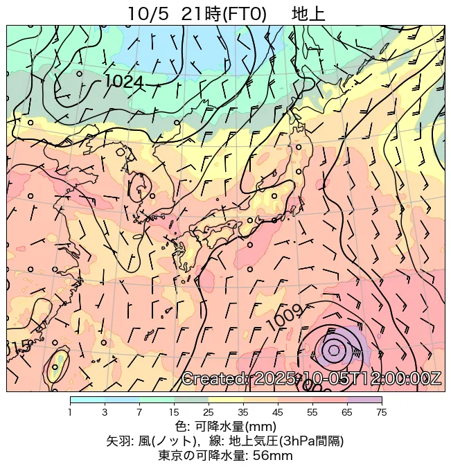 2025年10月5日の日本周辺の地上天気図（21時）