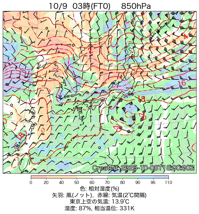 2025年10月9日の日本周辺の850hPa天気図（3時）