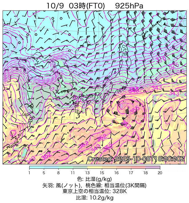 2025年10月9日の日本周辺の925hPa天気図（3時）