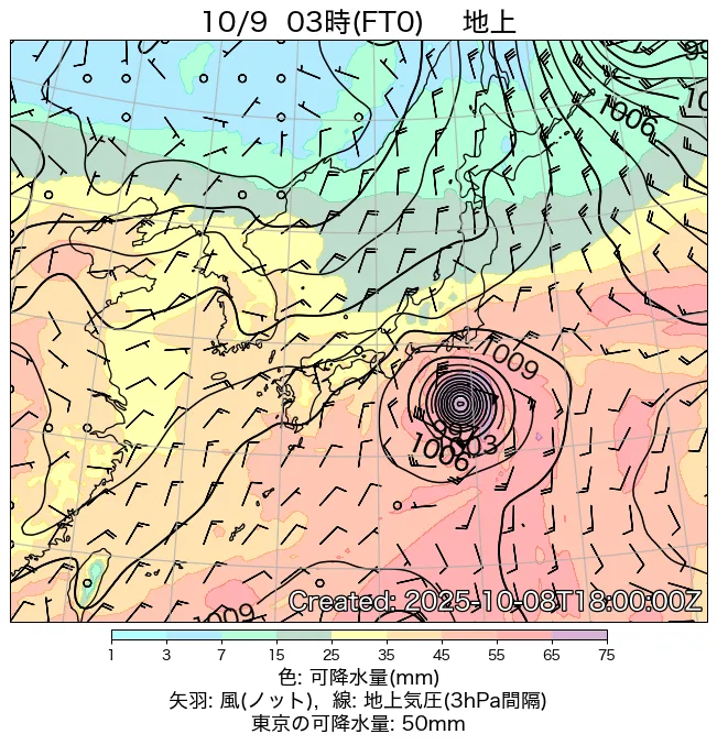 2025年10月9日の日本周辺の地上天気図（3時）