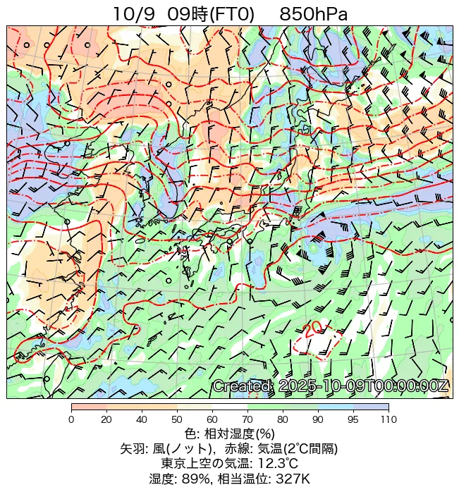 2025年10月9日の日本周辺の850hPa天気図（9時）