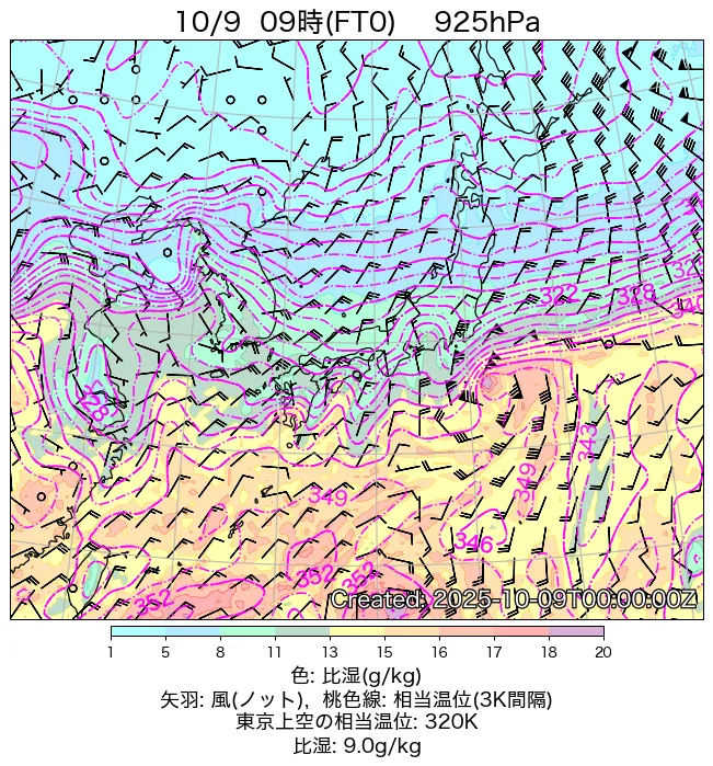 2025年10月9日の日本周辺の925hPa天気図（9時）