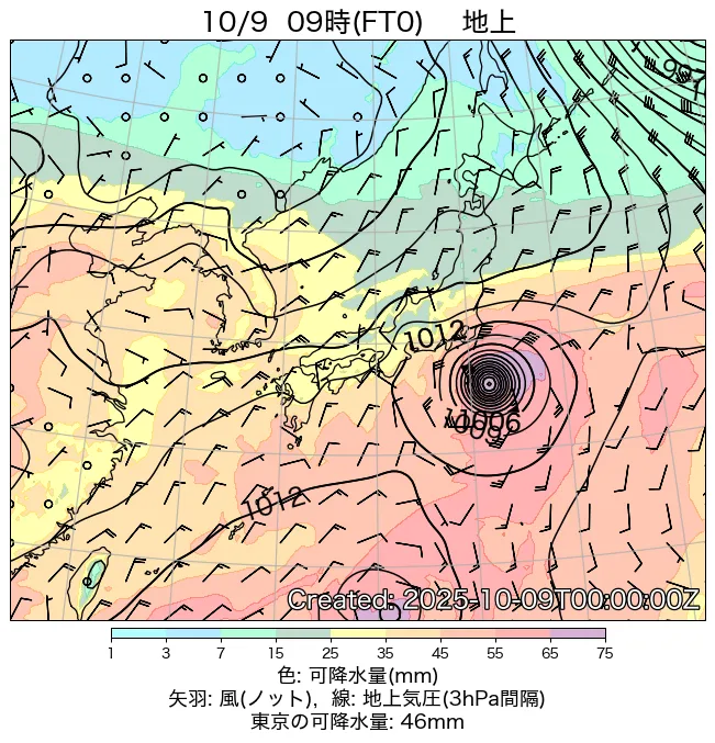 2025年10月9日の日本周辺の地上天気図（9時）