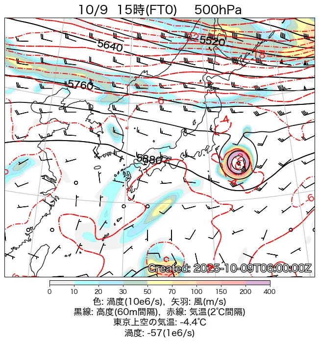 2025年10月9日の日本周辺の500hPa天気図（15時）