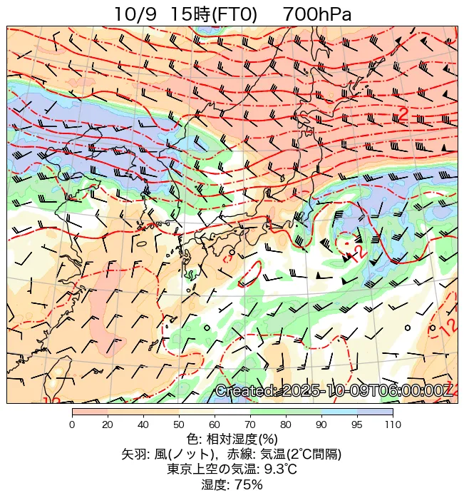 2025年10月9日の日本周辺の700hPa天気図（15時）