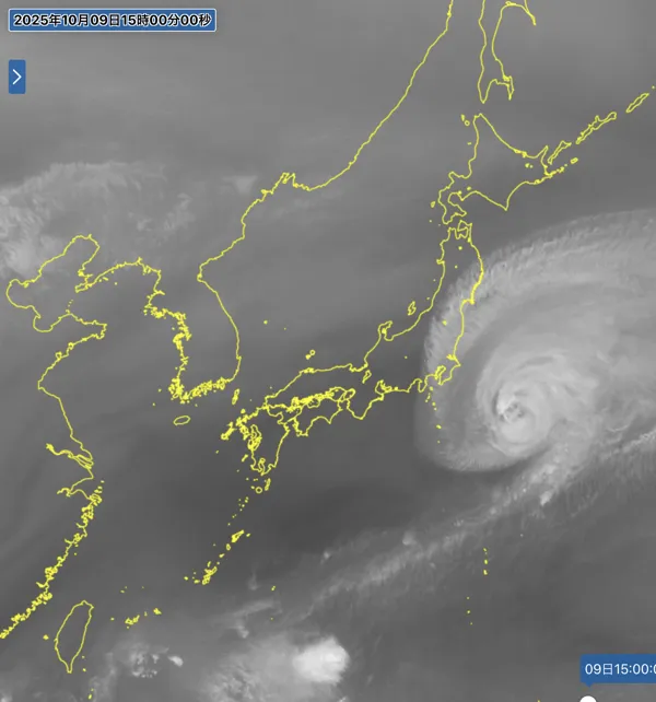 2025年10月9日15時の日本周辺の衛星水蒸気画像
