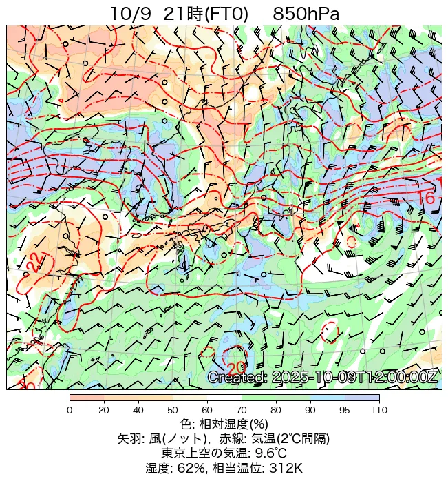 2025年10月9日の日本周辺の850hPa天気図（21時）