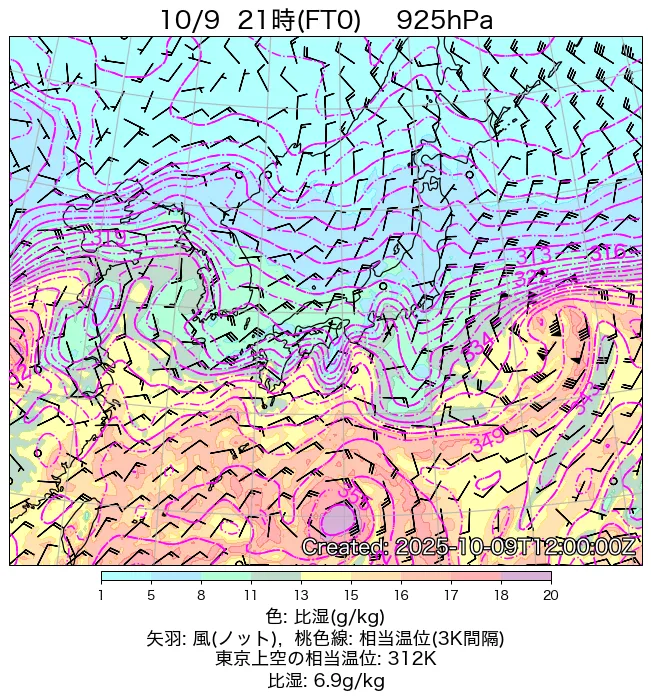 2025年10月9日の日本周辺の925hPa天気図（21時）