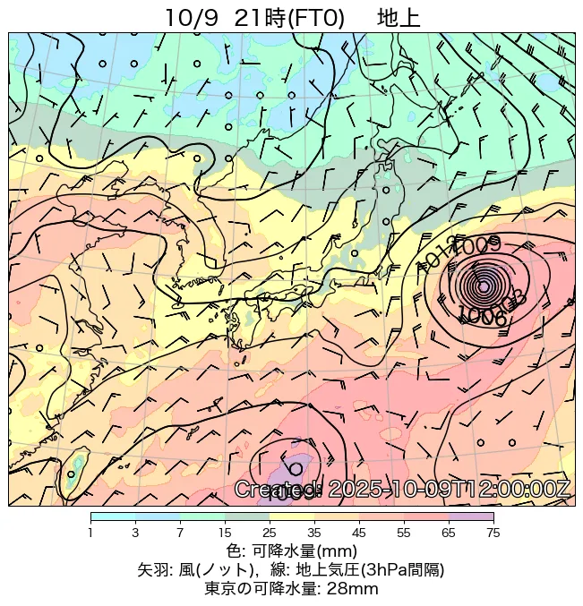 2025年10月9日の日本周辺の地上天気図（21時）