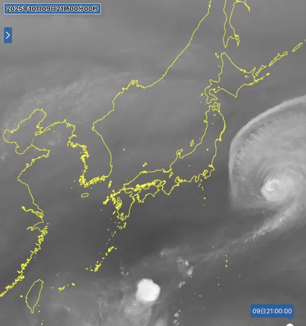 2025年10月9日21時の日本周辺の衛星水蒸気画像