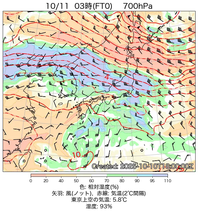 2025年10月11日の日本周辺の700hPa天気図（3時）