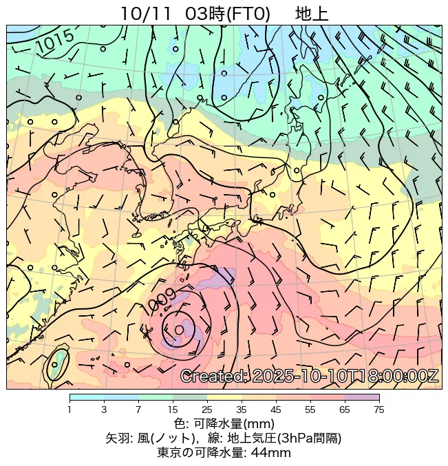 2025年10月11日の日本周辺の地上天気図（3時）