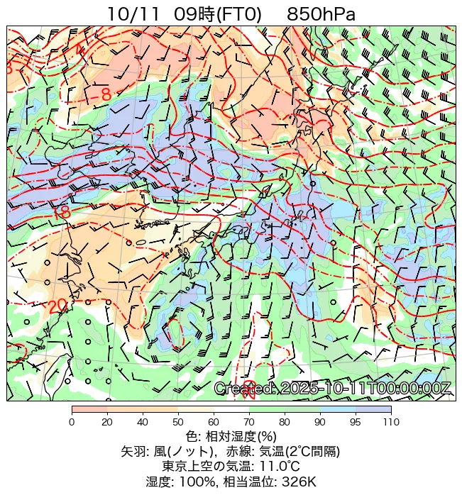2025年10月11日の日本周辺の850hPa天気図（9時）
