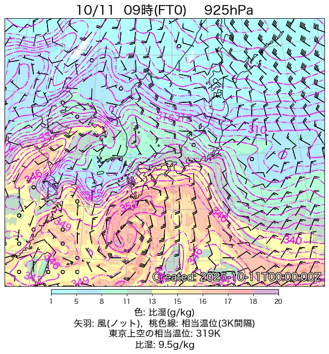 2025年10月11日の日本周辺の925hPa天気図（9時）