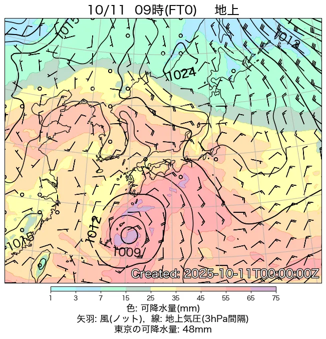 2025年10月11日の日本周辺の地上天気図（9時）