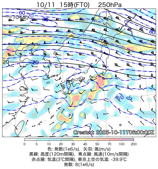 2025年10月11日の日本周辺の250hPa天気図（15時）