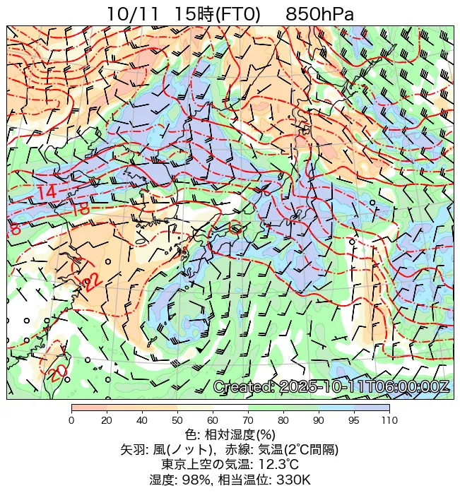 2025年10月11日の日本周辺の850hPa天気図（15時）
