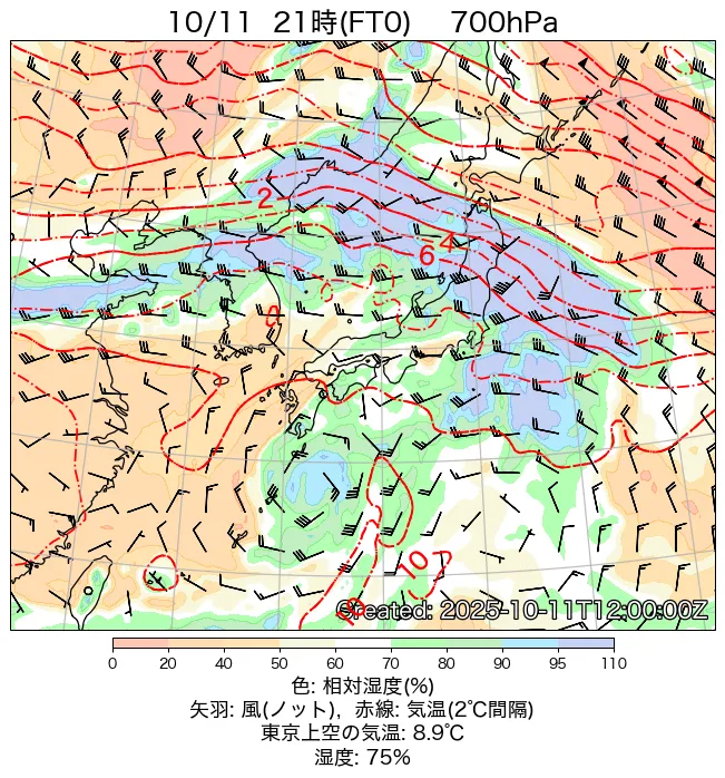 2025年10月11日の日本周辺の700hPa天気図（21時）