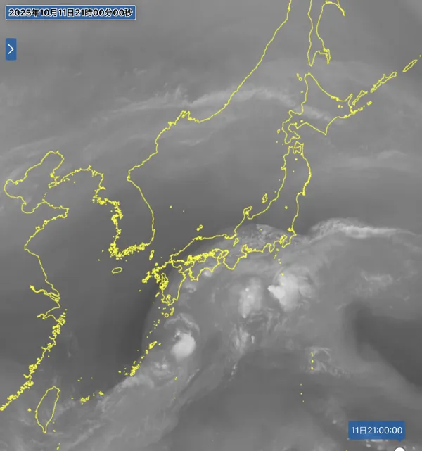 2025年10月11日21時の日本周辺の衛星水蒸気画像