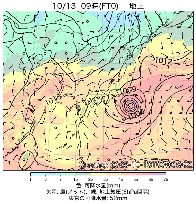 2025年10月13日の日本周辺の地上天気図（9時）