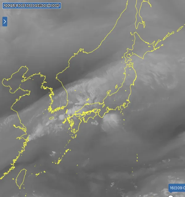 2025年10月16日の日本周辺の衛星水蒸気画像（9時）