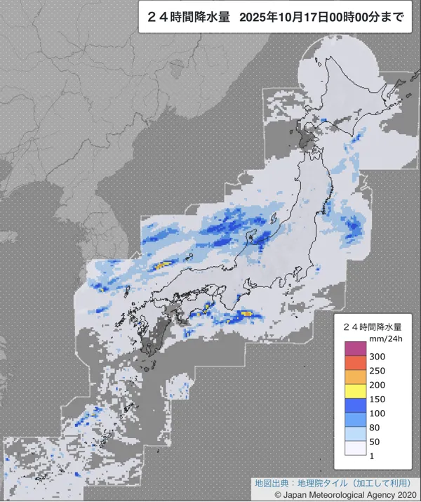 2025年10月16日の日本周辺の日解析雨量の図