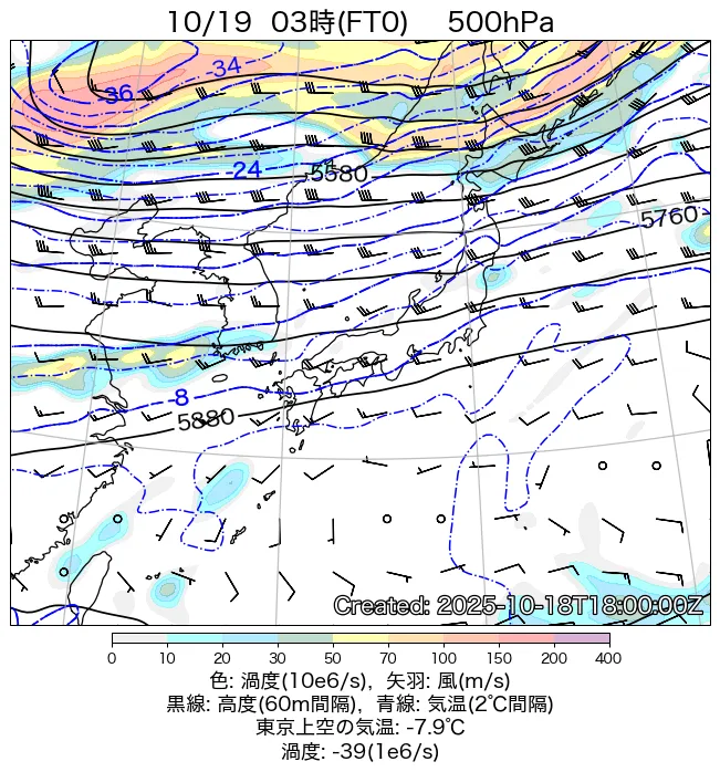 2025年10月19日の日本周辺の500hPa天気図（3時）