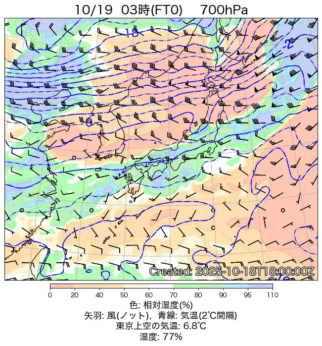 2025年10月19日の日本周辺の700hPa天気図（3時）
