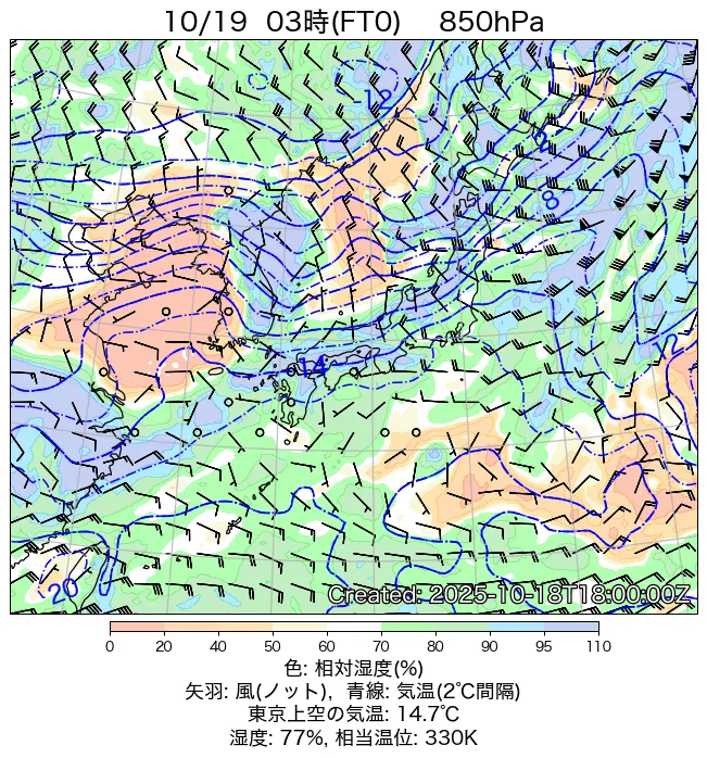 2025年10月19日の日本周辺の850hPa天気図（3時）