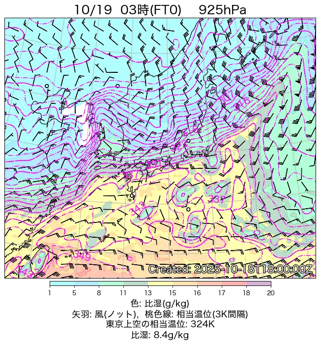 2025年10月19日の日本周辺の925hPa天気図（3時）