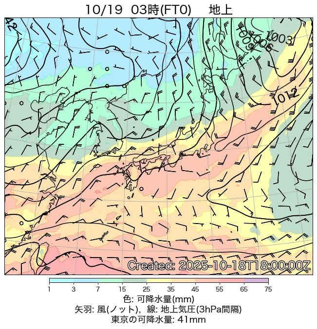 2025年10月19日の日本周辺の地上天気図（3時）