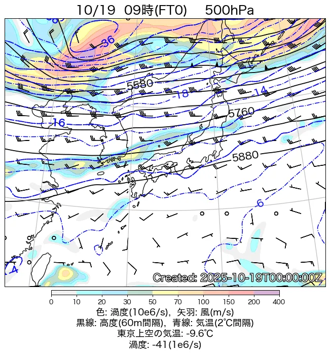 2025年10月19日の日本周辺の500hPa天気図（9時）