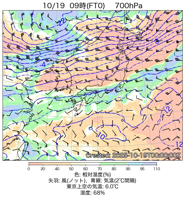 2025年10月19日の日本周辺の700hPa天気図（9時）