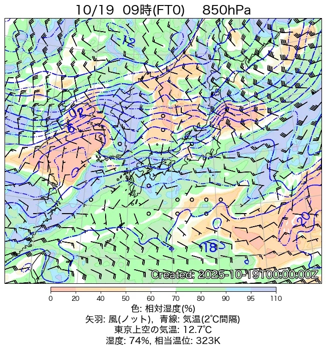 2025年10月19日の日本周辺の850hPa天気図（9時）