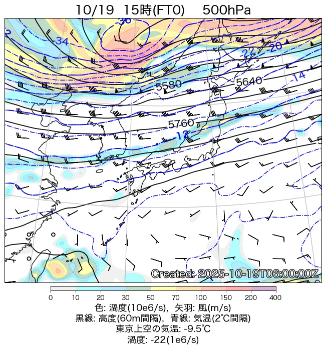 2025年10月19日の日本周辺の500hPa天気図（15時）
