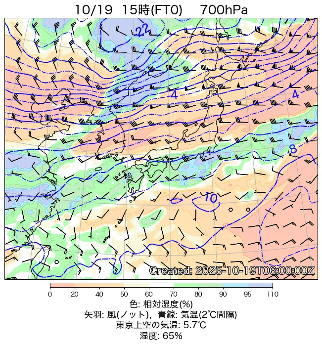 2025年10月19日の日本周辺の700hPa天気図（15時）