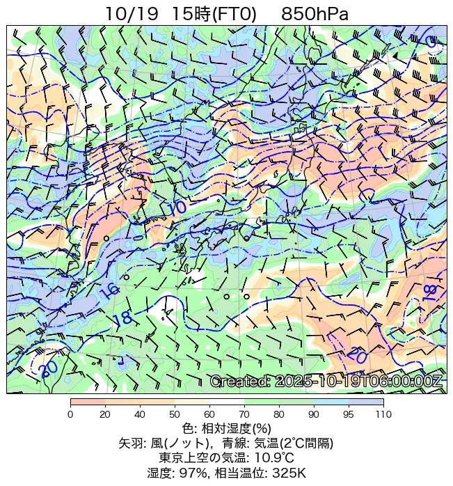 2025年10月19日の日本周辺の850hPa天気図（15時）