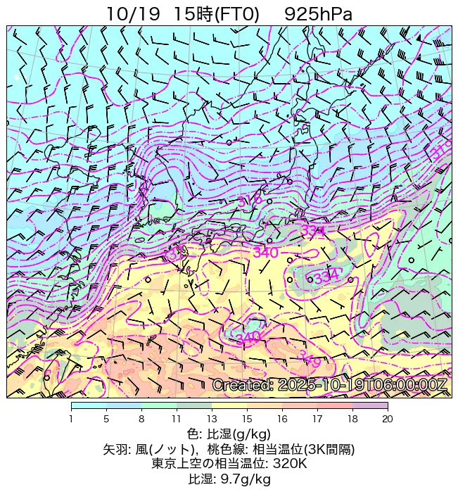 2025年10月19日の日本周辺の925hPa天気図（15時）