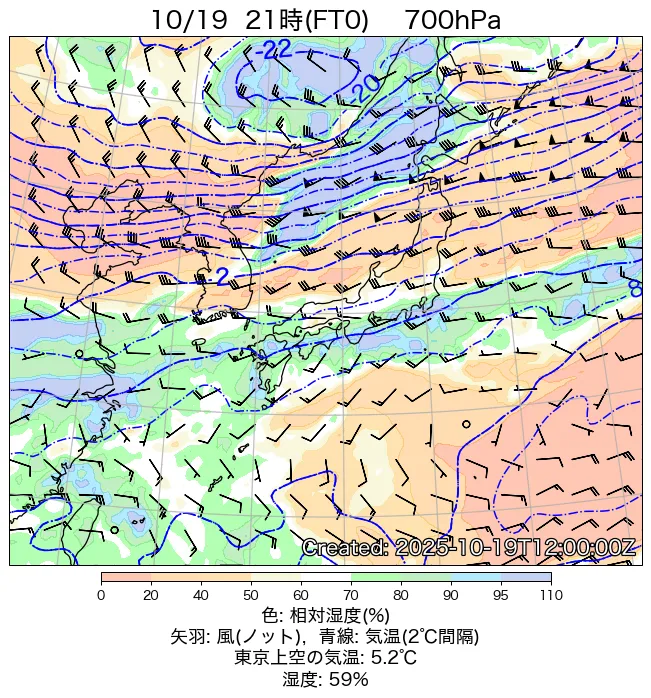 2025年10月19日の日本周辺の700hPa天気図（21時）