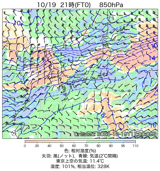 2025年10月19日の日本周辺の850hPa天気図（21時）